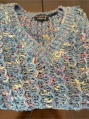 Givenchy Blue Multi-Colour Open Knit V-Neck Sweater